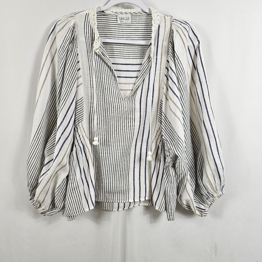 Saylor Long Sleeve Striped Blouse in White and Navy
